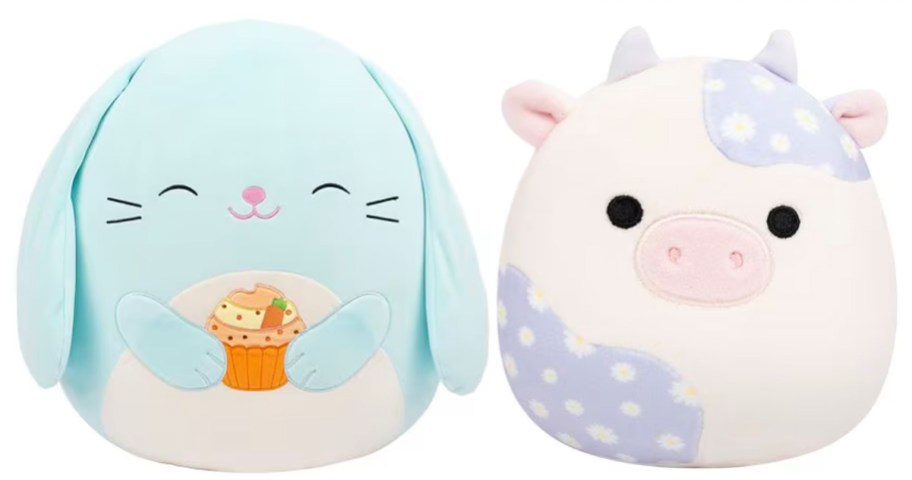 blue bunny and floral cow plushes