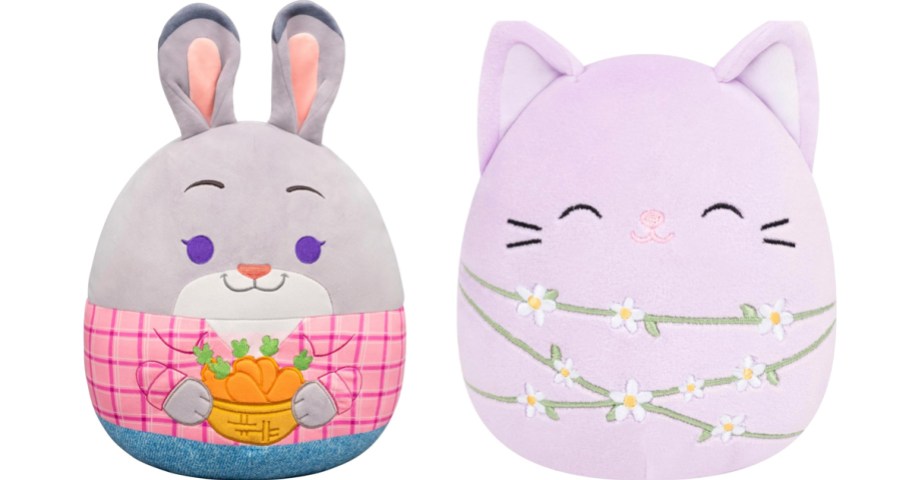 bunny and purple cat plushes
