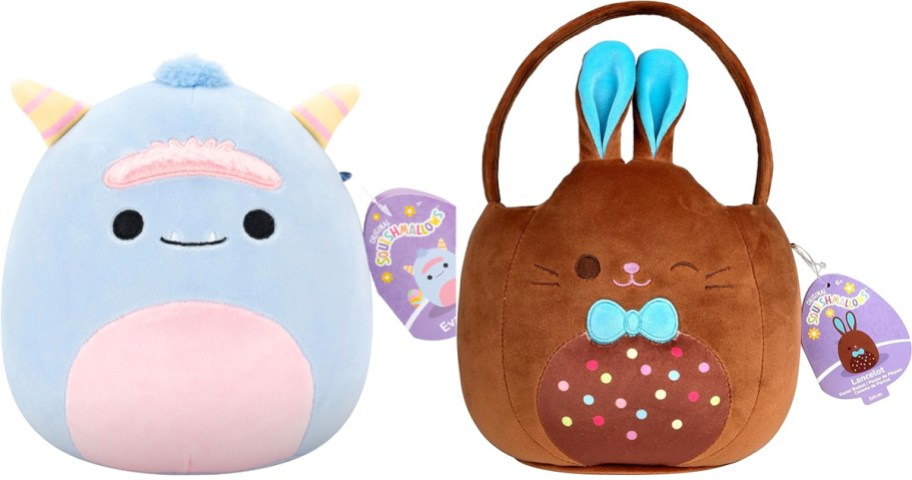 blue monster and brown bunny easter basket plushes