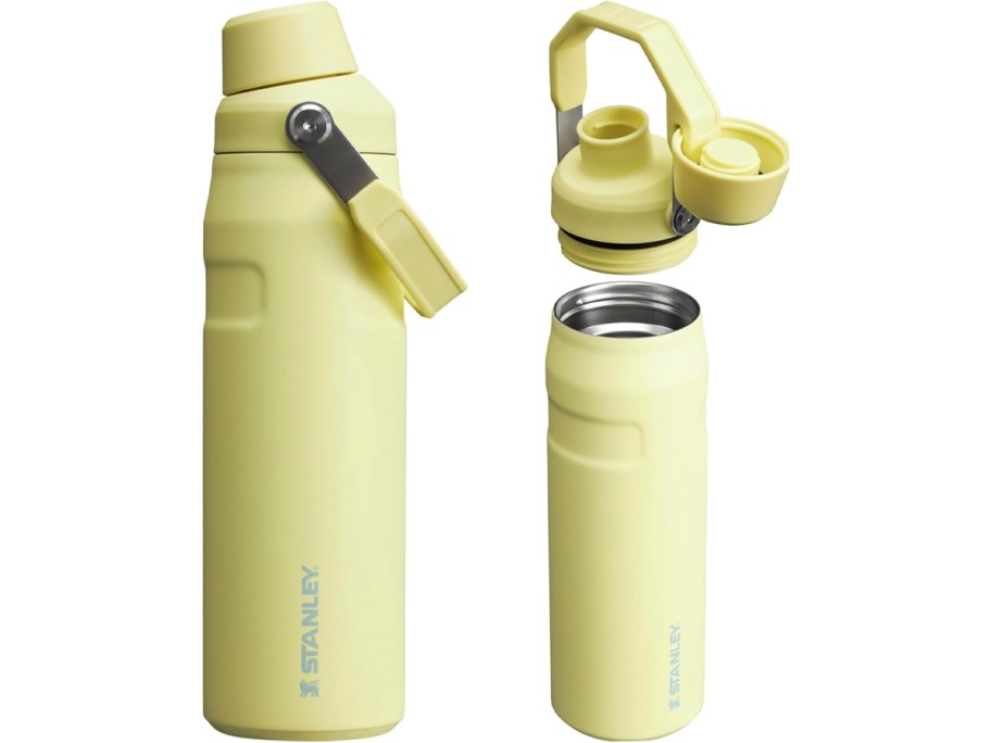 two yellow iceflow tumbler with lid off and on