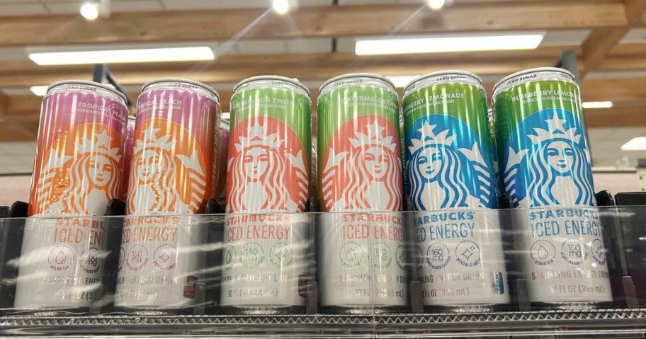 cans of energy drinks on store shelf