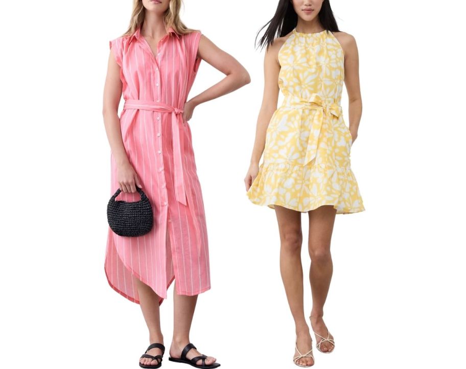 a woma in a stiped sleeveless midi dress and a woman in a yellow ans white floral print mini drees