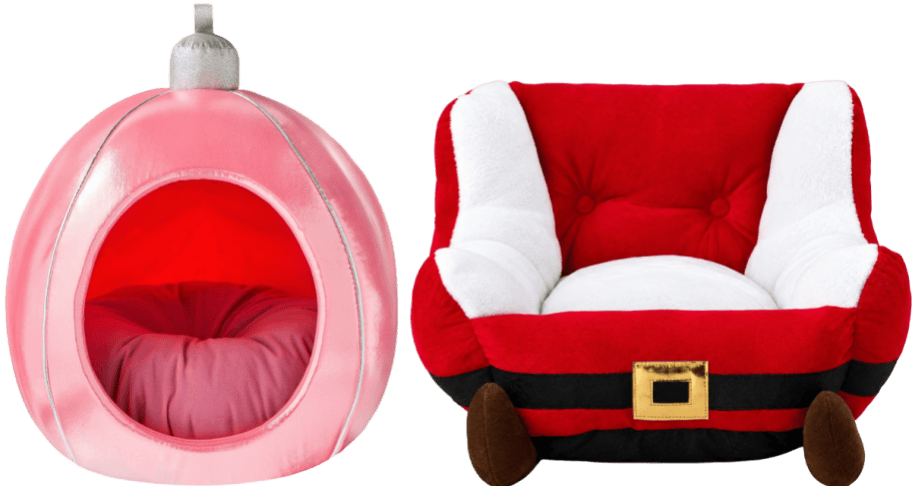 2 christmas pet beds, an ornament and a sleigh