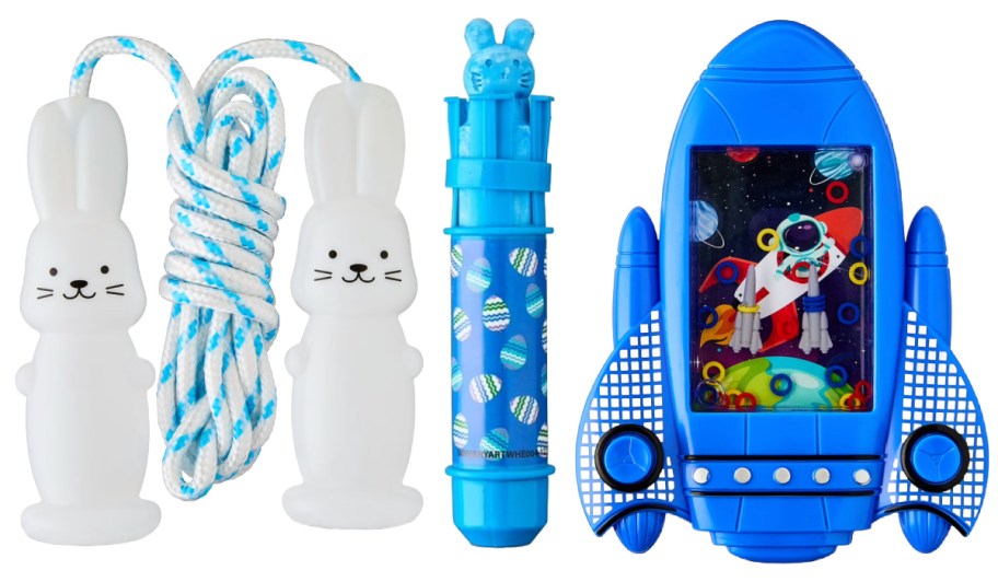 bunny jump rope, blue chalk holder, and rocket water toy