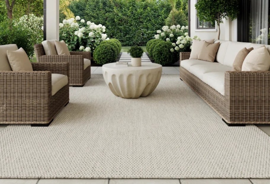 light beige rug on covered patio with wicker furniture