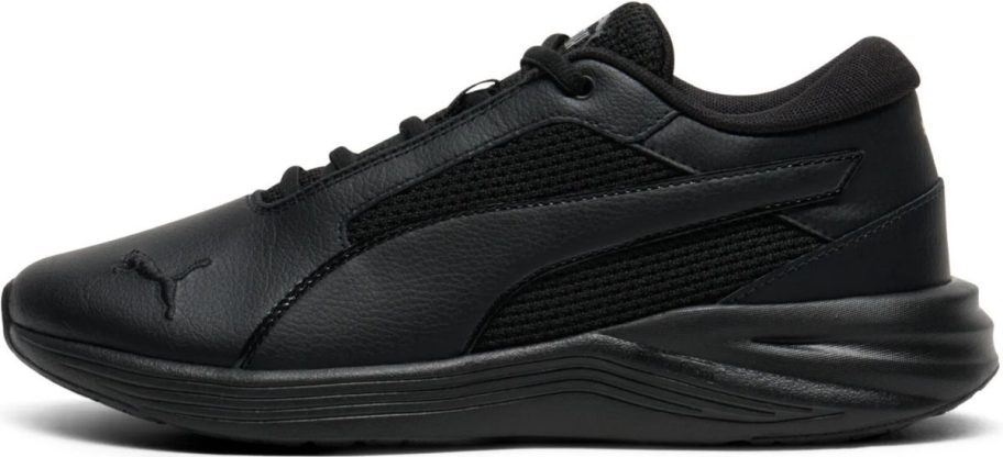 a black leather and mesh womens running shoe