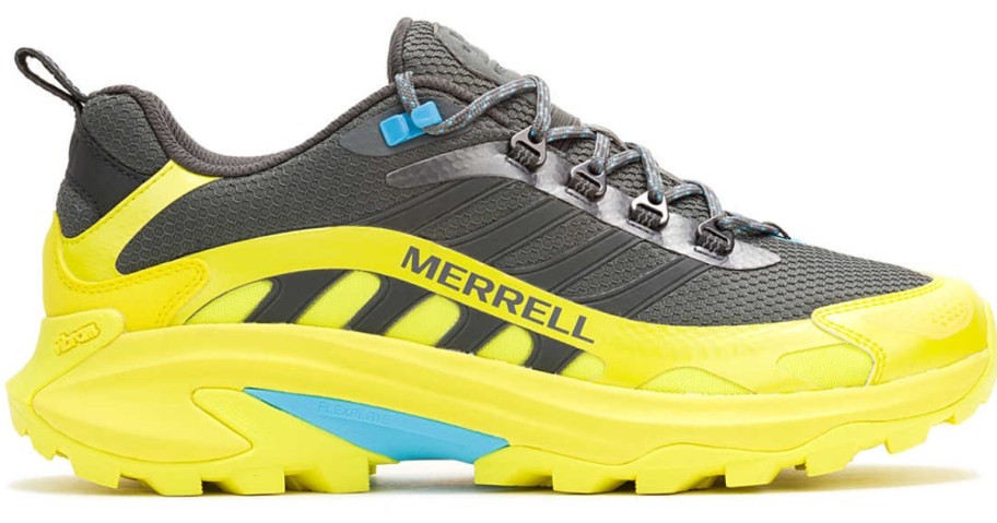 a yellow, grey, and blue Merrill sneaker