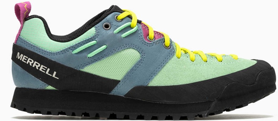 a green, yellow, black, and pink Merrill sneaker