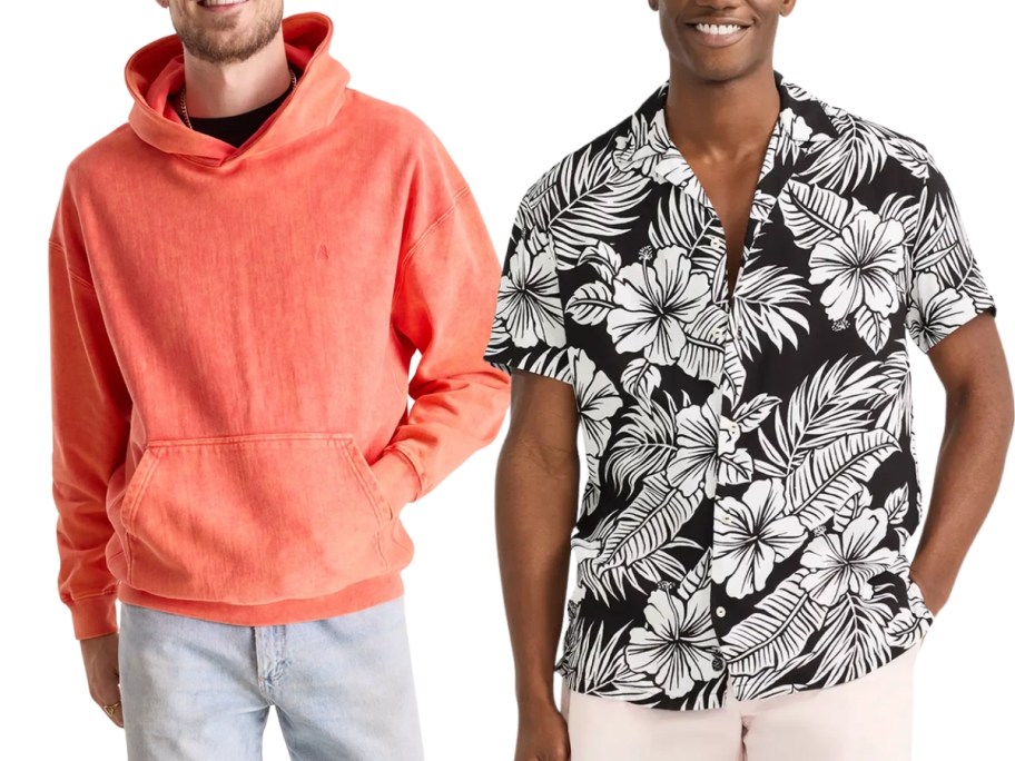 man wearing an orange hoodie and grey pants and man wearing a black and white floral Hawaiian style shirt and white shorts
