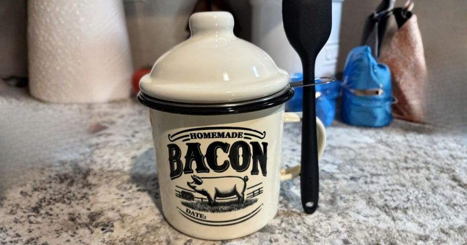 Ayerphalo Bacon Grease Container w/ Strainer on counter