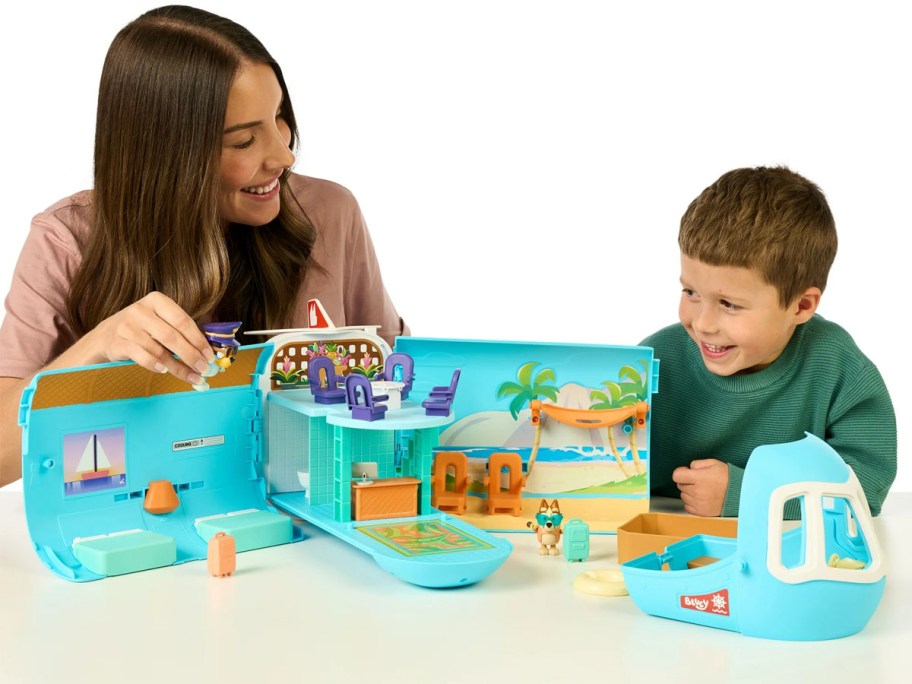 Mother and Son playing with the Bluey 3-in-1 Plane Playset