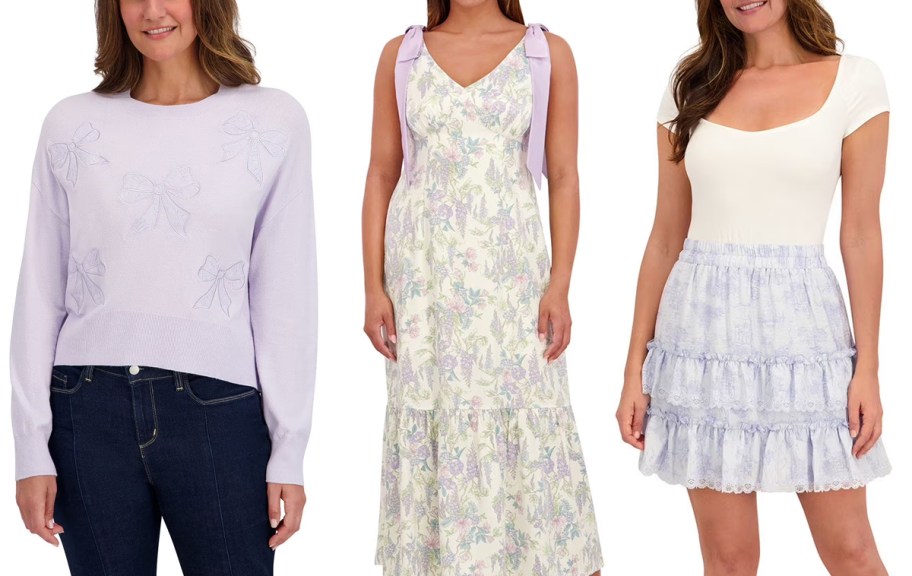 Bridgerton Women's Lace Bow Sweater, Slip Maxi Dress, Tiered Mini Skirt