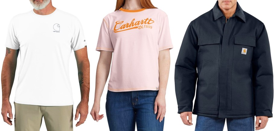 people modeling Carhartt t-shirts and jacket