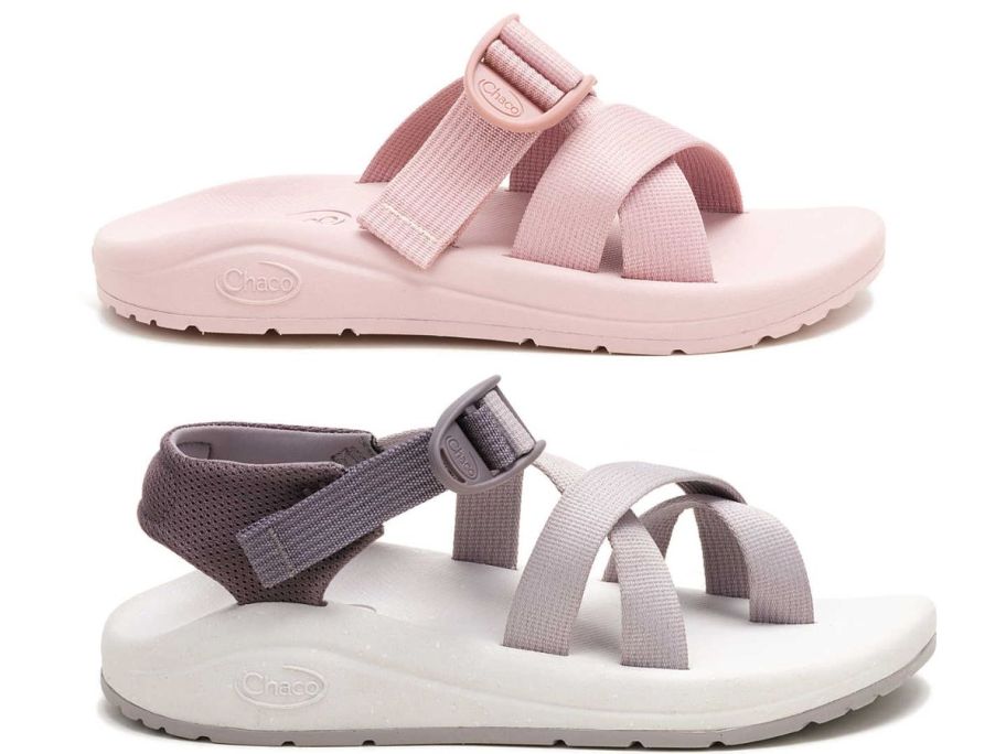 stock image of chaco sandals in pink and purple