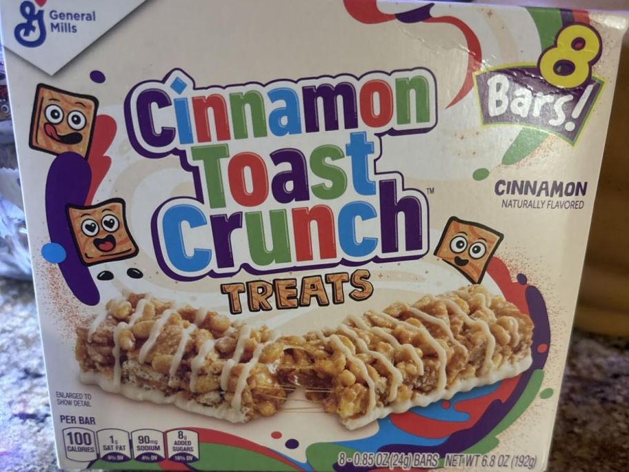 A box of Cinnamon Toast Crunch cereal bars