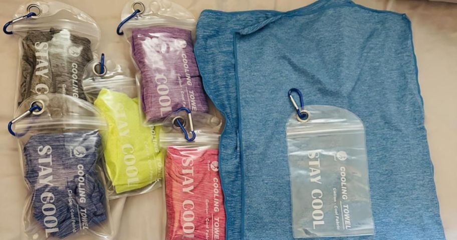 6 cooling towels with plastic storage pouches