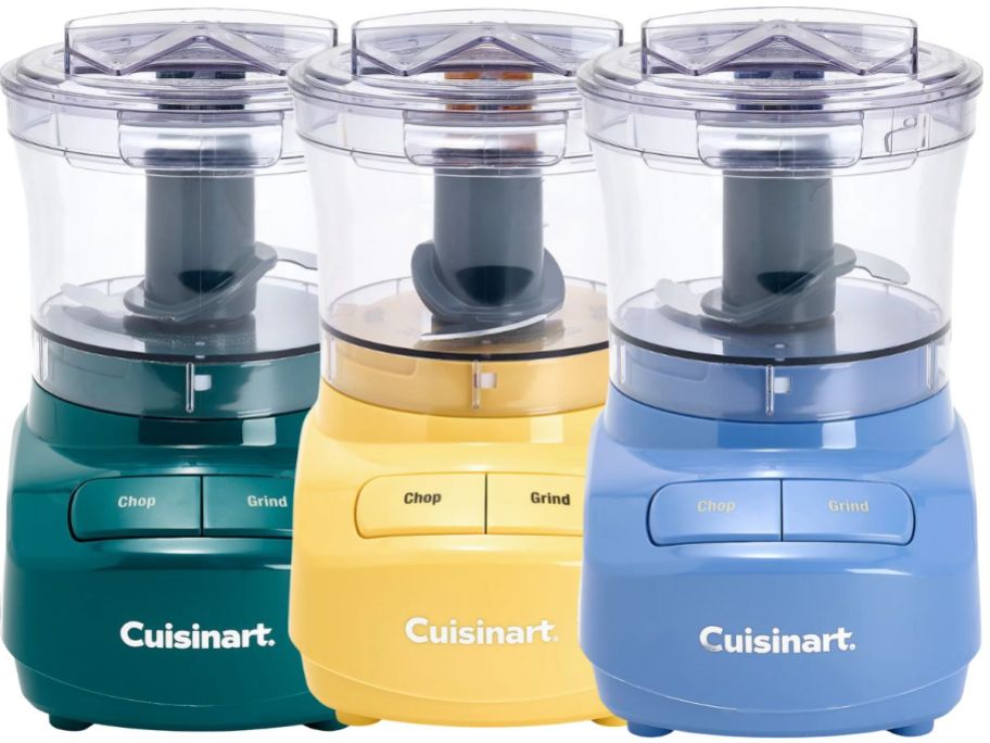 3 mini food processors in green, yellow, and blue
