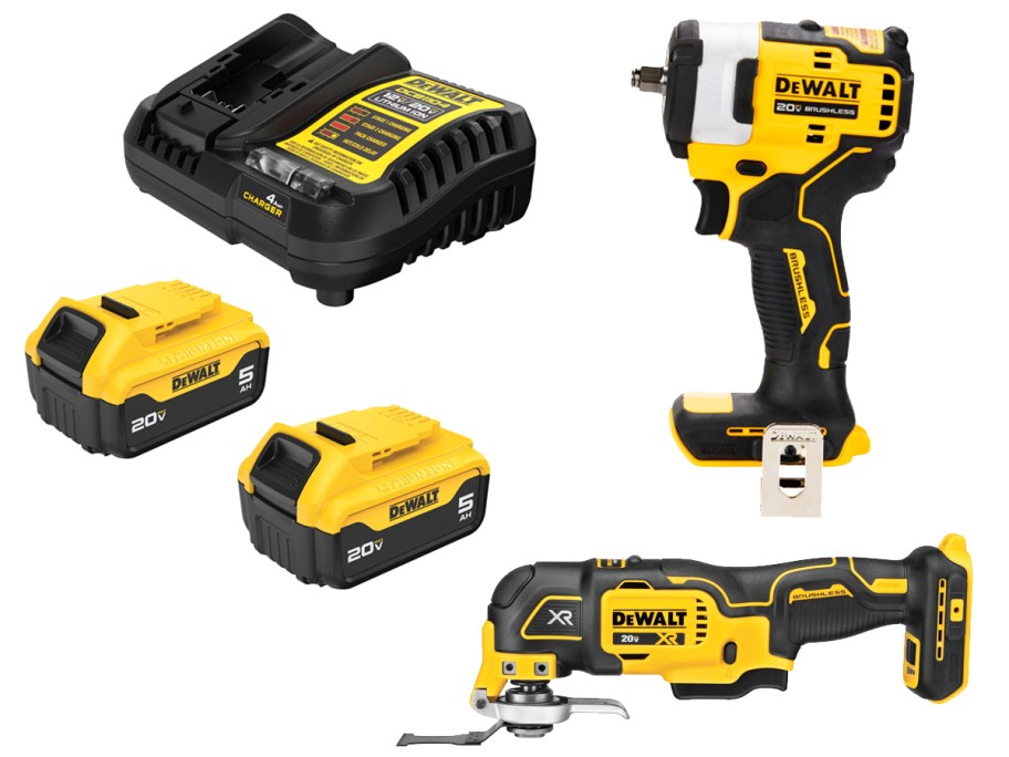 yellow and black dewalt battery 2-pack and two tools