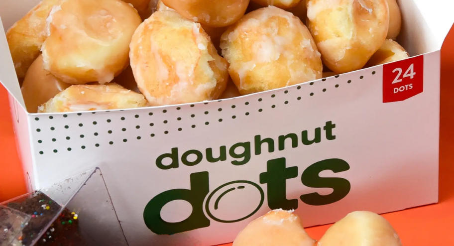 box of Doughnut dots from Krispy Kreme inside and outside