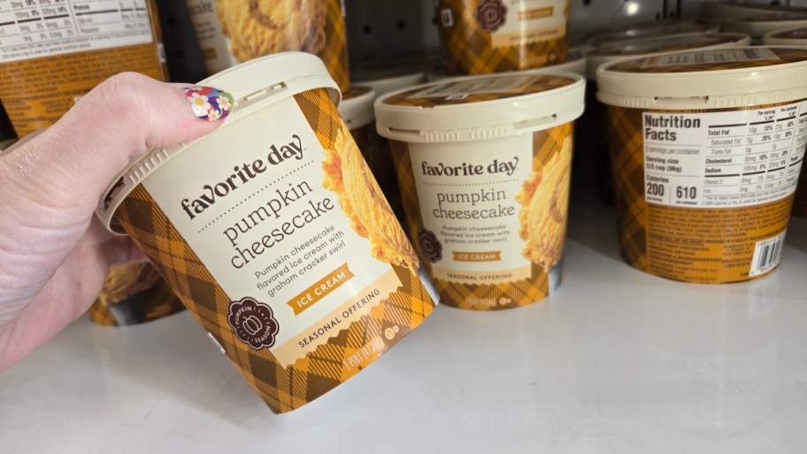 hand holding Favorite Day Pumpkin Cheesecake Ice Cream in front of freezer