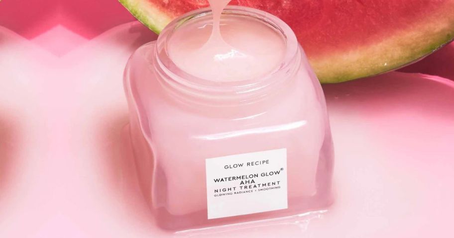 A jar of Glow Recipe Mini Watermelon Glow AHA Night Treatmen