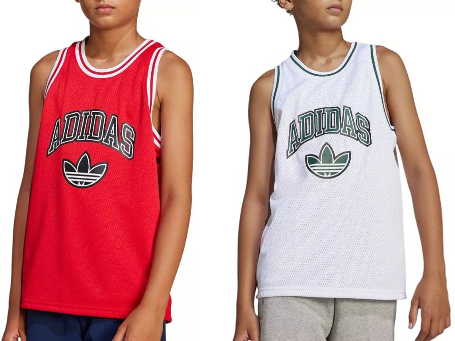 Stock images of two boys wearing adidas mesh tank tops