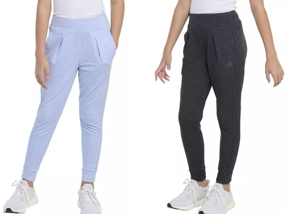 Stock images of two girls wearing adidas Girls' 3-Stripe Cuffed Mélange Joggers