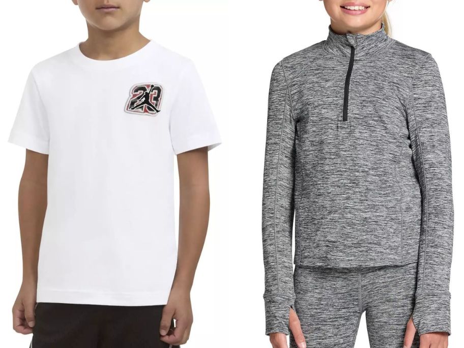 Stock image of a boy wearing a Nike Jordan tee and a girl wearing a DSG 1/4 zip jacket