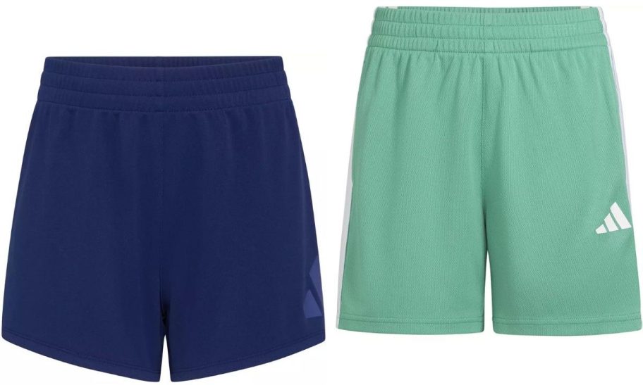 Stock images of two pairs of adidas shorts for girls and boys