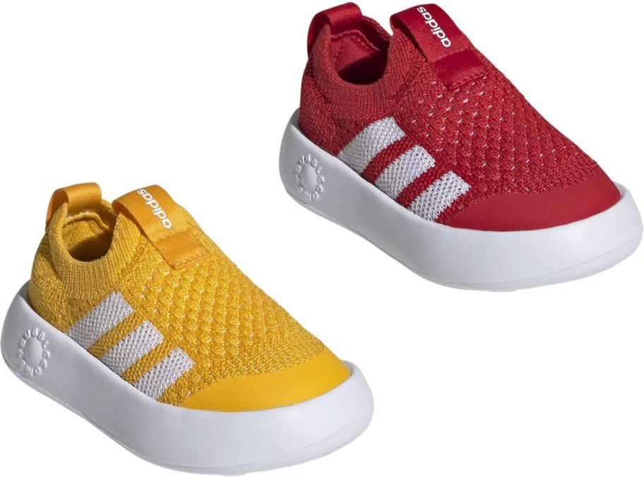 Stock images of two adidas Toddler Bubble Comfy Shoes in yellow and red