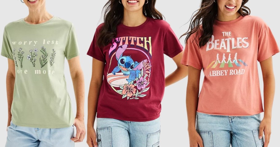3 women wearing different graphic tees and jeans