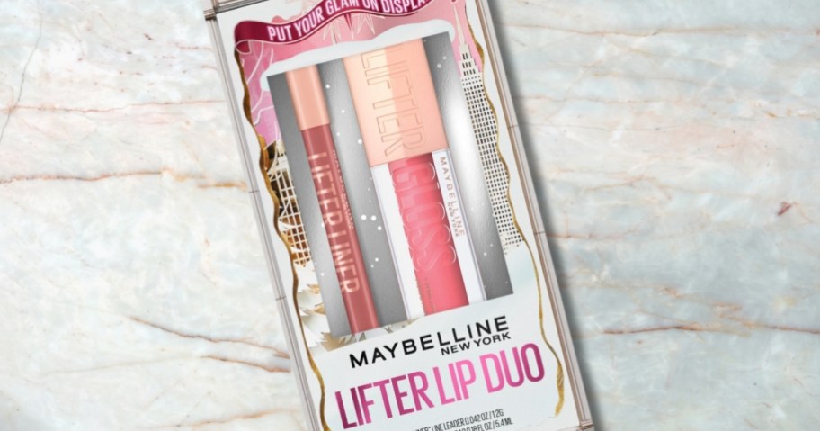a Maybelline lip gift set on a counter