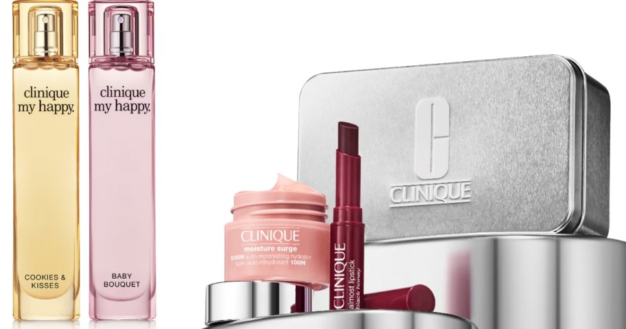 2 Clinique perfumes and a Clinique set with a cosmetic bag