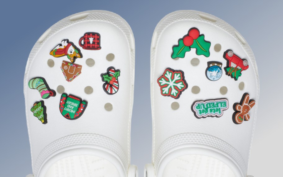 Christmas Jibbitz on white Crocs
