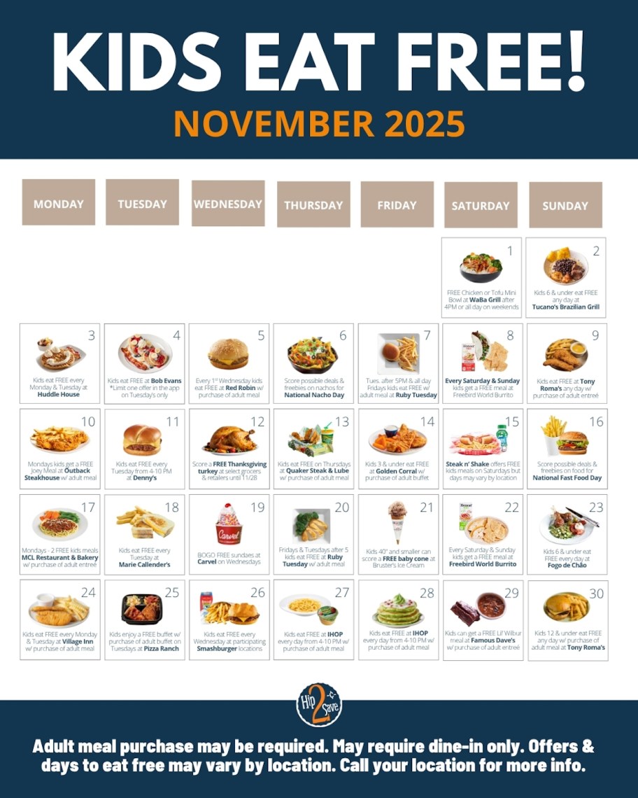 graphic of kids eat free calendar with various free ways to eat meals