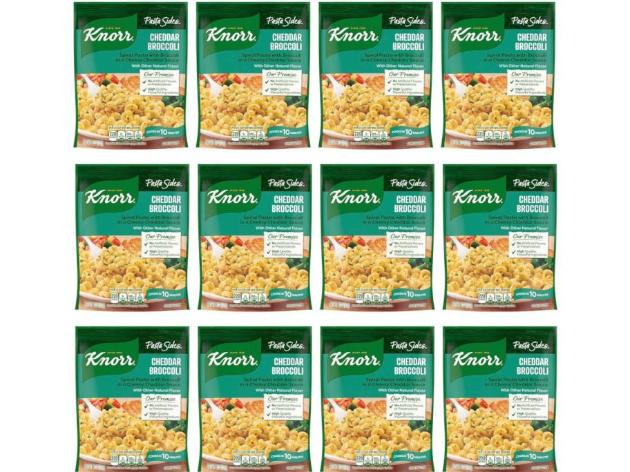 Stock image of 12 bags of Knorr Pasta Sides in Cheddar Broccoli