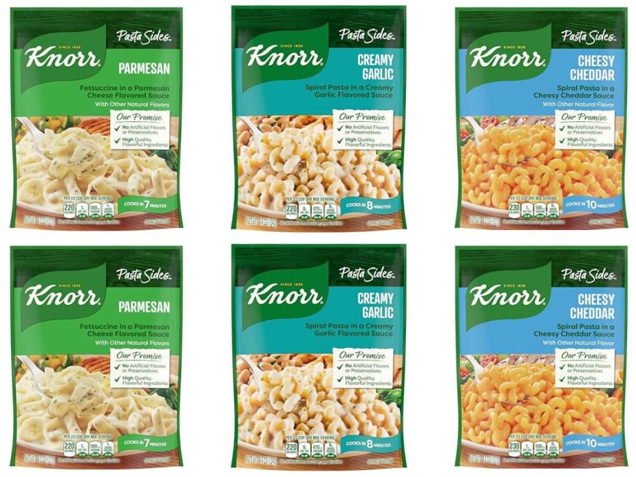 Stock images of 6 bags of Knorr Pasta Sides in 3 different flavors