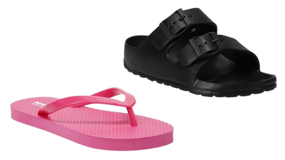 Kids pink flip flops and black sandals