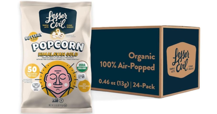 A 24-pack case of Lesser Evil Himalayan Gold Popcorn