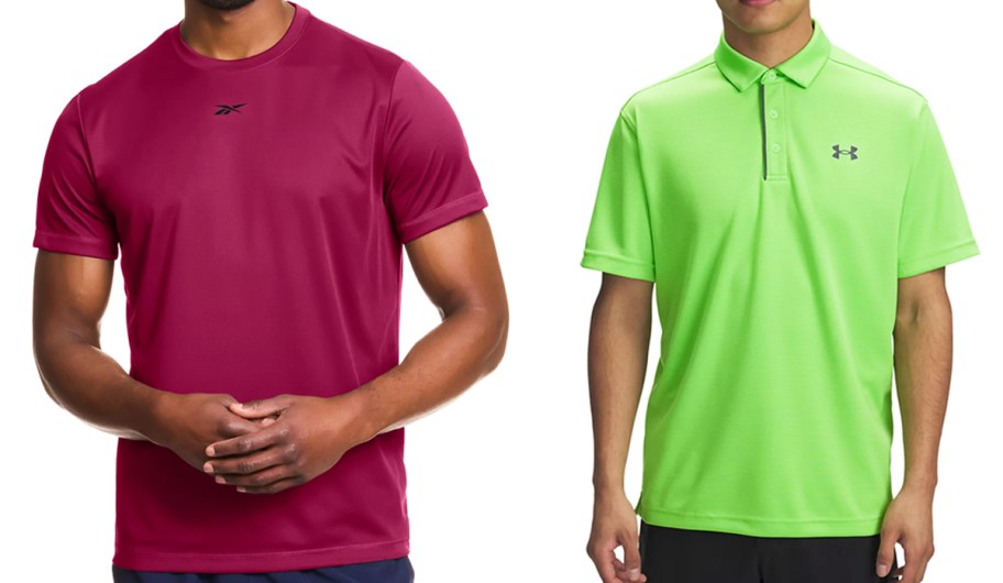 men in maroon and bright green shirts