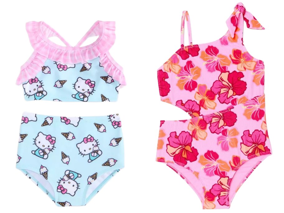 Stock images of two Hello Kitty and Floral Swimsuits