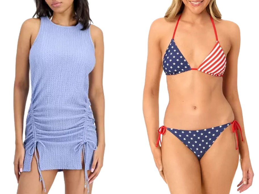 Women wearing a swim dress and a patriotic bikini