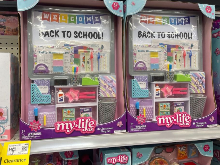 Walmart shelf with My Life As 34-Piece Classroom Play Sets on clearance