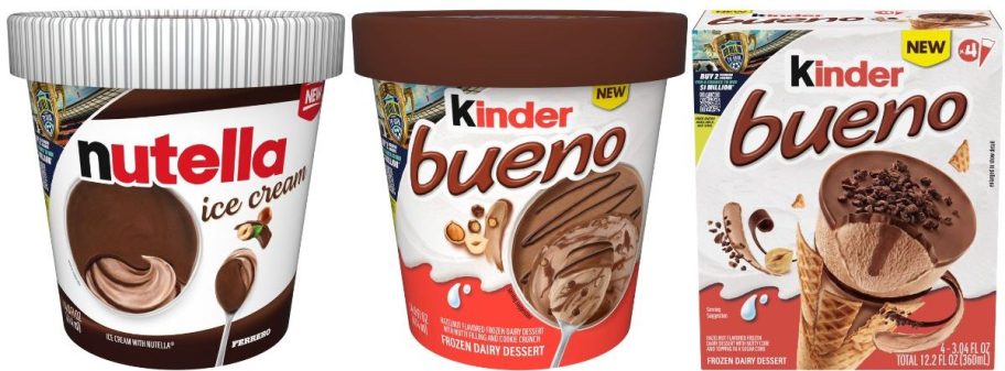 Nutella Ice Cream 14oz, Kinder Bueno Frozen Dairy Dessert 14oz, and Kinder Bueno Frozen Dairy Dessert Cones 4-Count