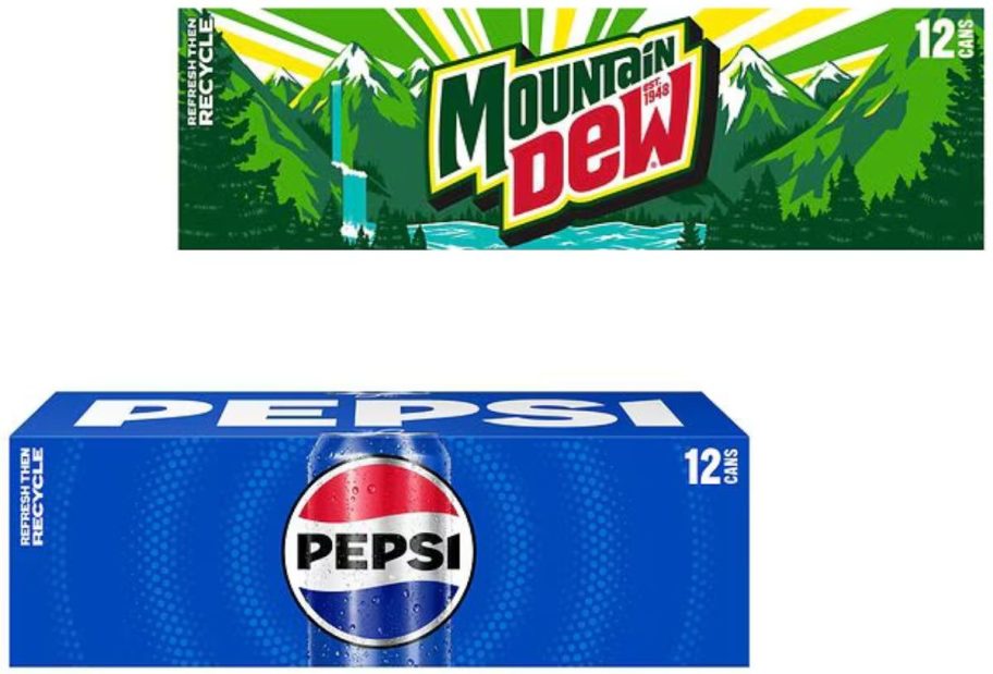 Stock images of 12-packs of Pepsi and Mountain Dew