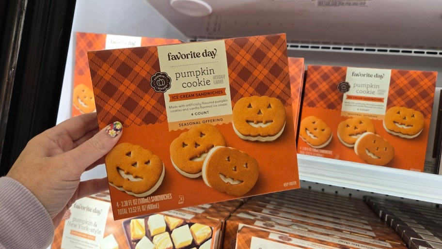 hand holding box of Pumpkin Jack o' Lantern Ice Cream Sandwiches