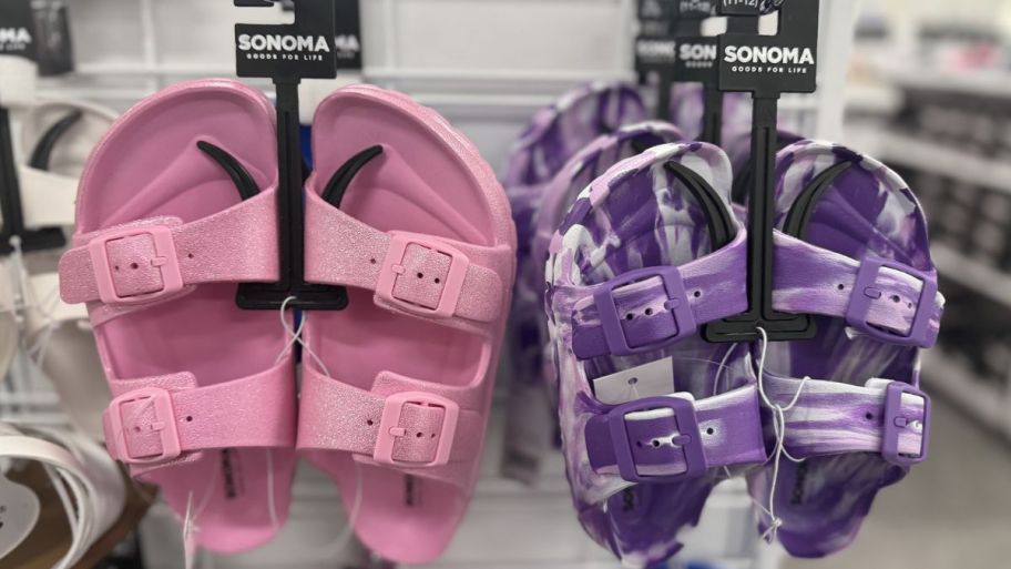 Sonoma sandals in pink and purple displayed at a kohls store