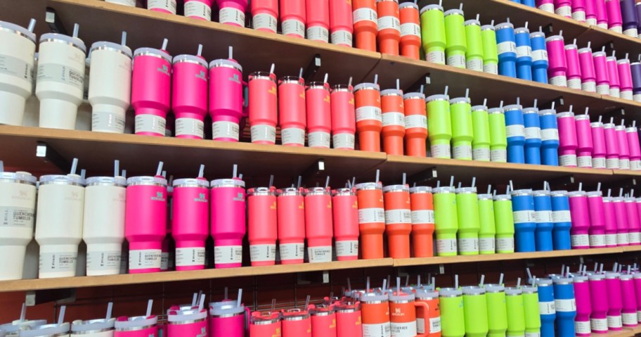 Huge in-store display of different colored Stanley tumblers
