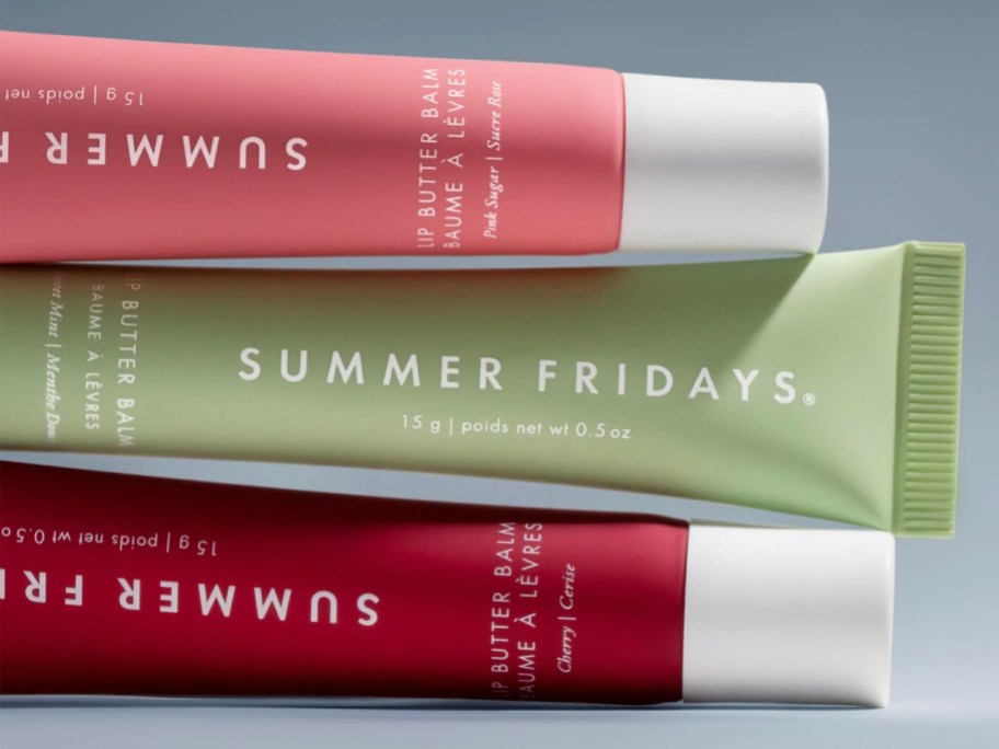 three stacked tubes of Summer Fridays Lip Butter Balms