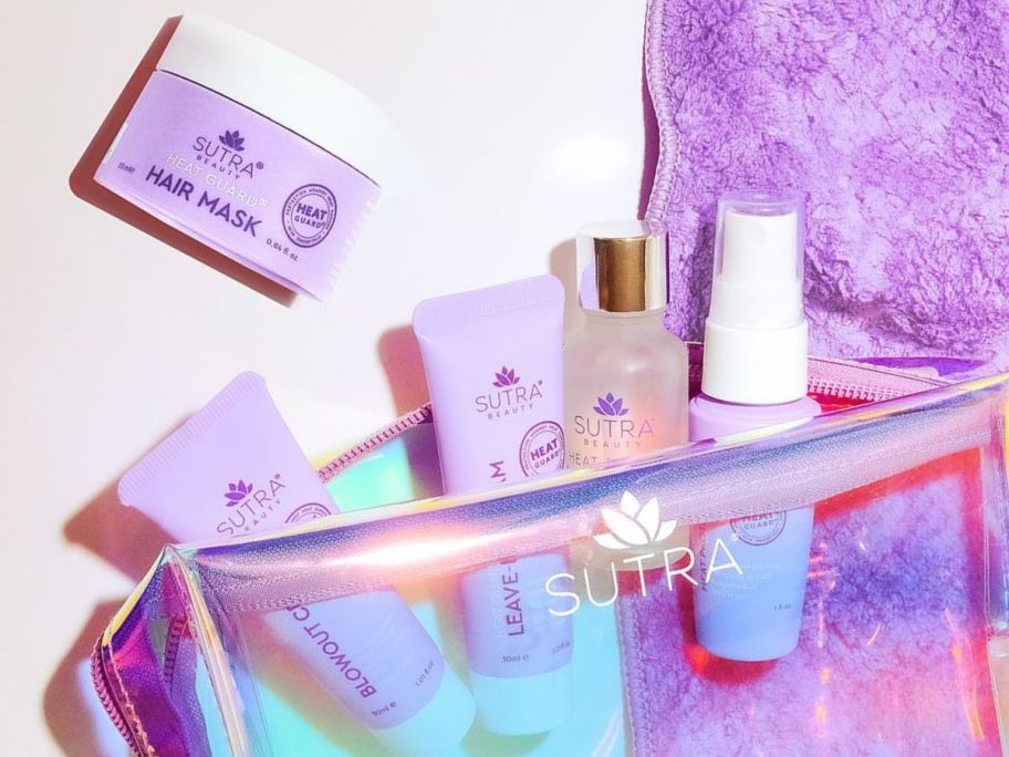 Sutra Beauty Clear Makeup Bag with 5 Sutra Beauty Hair Care Products
